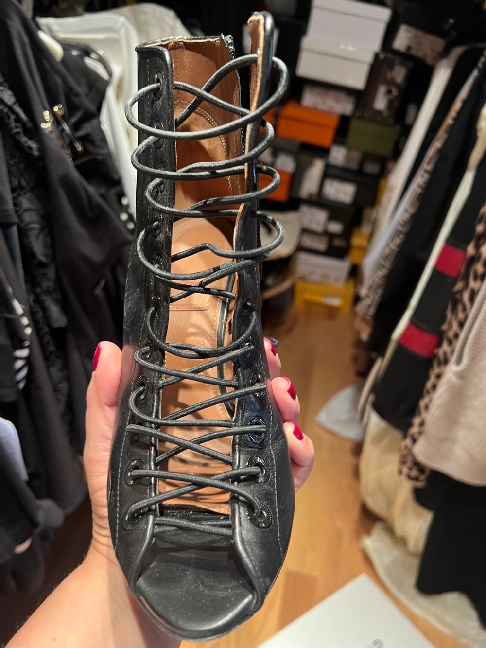 Givenchy Black Lace-Up Peep-Toe Stiletto Heel